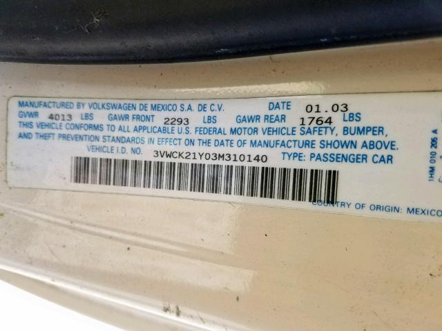 3VWCK21Y03M310140 - 2003 VOLKSWAGEN NEW BEETLE კრემისფერი ფოტო 10