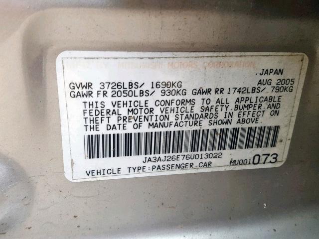 JA3AJ26E76U013022 - 2006 MITSUBISHI LANCER ES SILVER photo 10