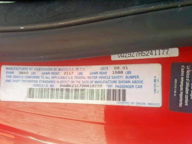 3VWBK21C72M418222 - 2002 VOLKSWAGEN NEW BEETLE წითელი ფოტო 10