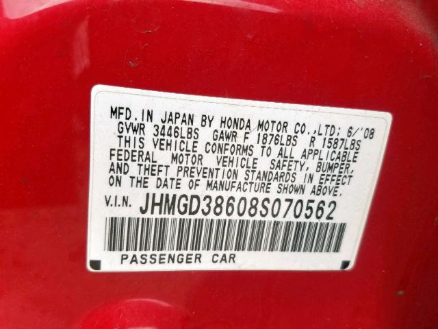 JHMGD38608S070562 - 2008 HONDA FIT SE RED photo 10