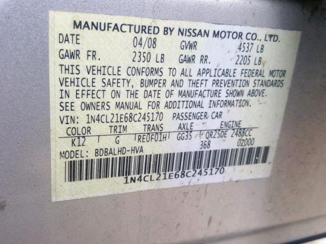 1N4CL21E68C245170 - 2008 NISSAN ALTIMA HYB SILVER photo 10