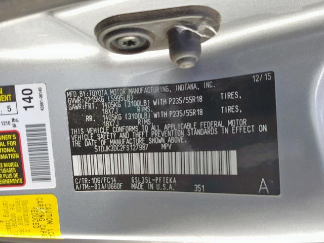 5TDJK3DC2FS127987 - 2015 TOYOTA SIENNA LE SILVER photo 10