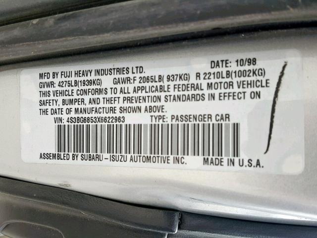 4S3BG6853X6622963 - 1999 SUBARU LEGACY OUT SILVER photo 10