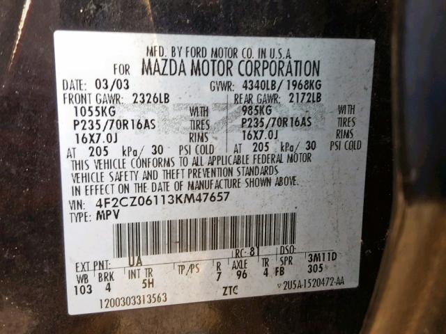 4F2CZ06113KM47657 - 2003 MAZDA TRIBUTE ES 黑色 照片 10