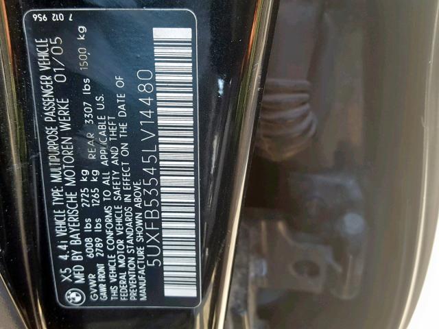 5UXFB53545LV14480 - 2005 BMW X5 4.4I BLACK photo 10