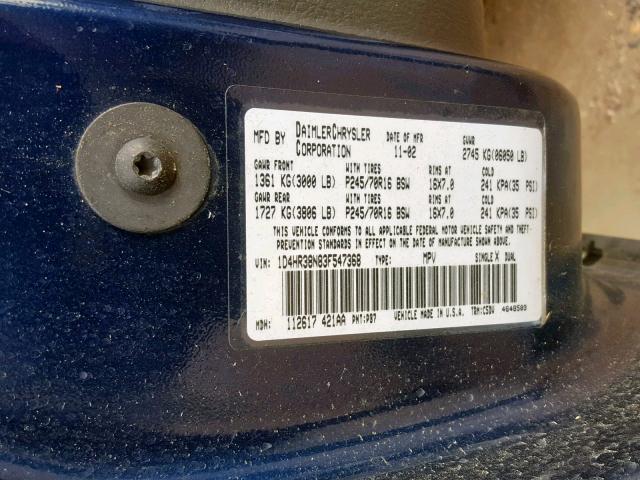 1D4HR38N83F547368 - 2003 DODGE DURANGO SP BLUE photo 10