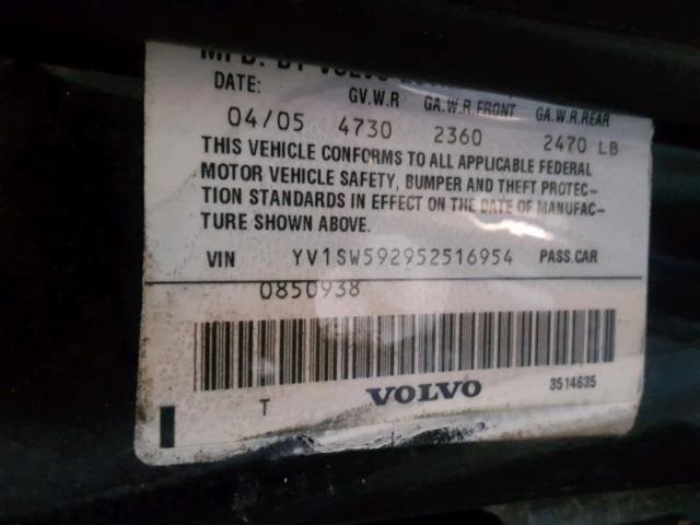 YV1SW592952516954 - 2005 VOLVO V70 FWD BLACK photo 10