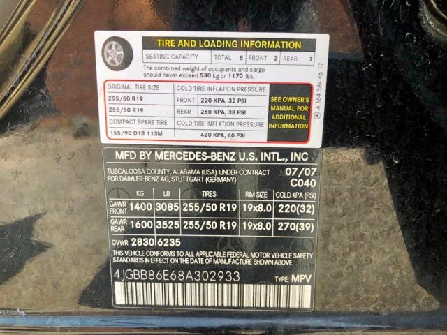 4JGBB86E68A302933 - 2008 MERCEDES-BENZ ML 350 BLACK photo 7