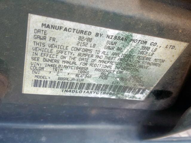 1N4DL01AXYC184850 - 2000 NISSAN ALTIMA XE GREEN photo 10