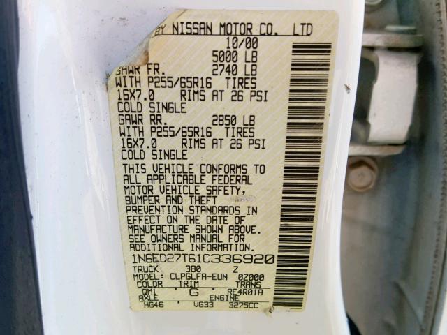 1N6ED27T61C336920 - 2001 NISSAN FRONTIER C WHITE photo 10