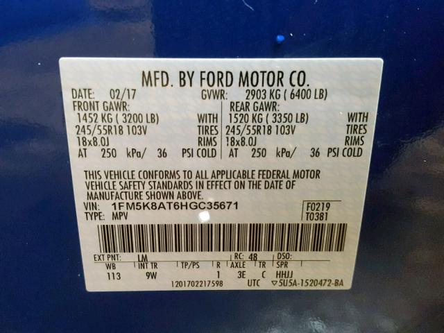 1FM5K8AT6HGC35671 - 2017 FORD EXPLORER P BLUE photo 10