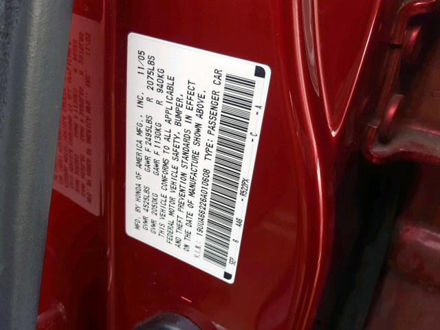 19UUA66226A010608 - 2006 ACURA 3.2TL RED photo 10