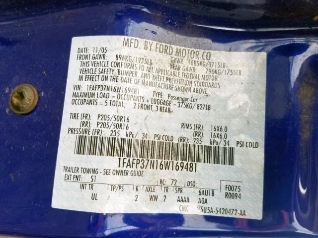 1FAFP37N16W169481 - 2006 FORD FOCUS ZX5 BLUE photo 10