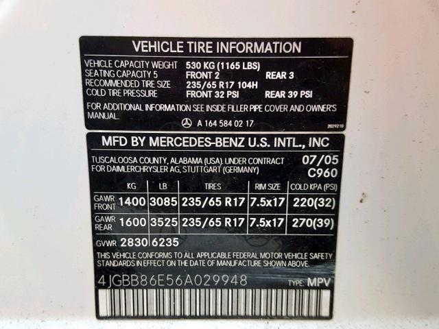 4JGBB86E56A029948 - 2006 MERCEDES-BENZ ML 350 WHITE photo 10