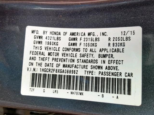 1HGCR2F8XGA088962 - 2016 HONDA ACCORD EXL GRAY photo 10