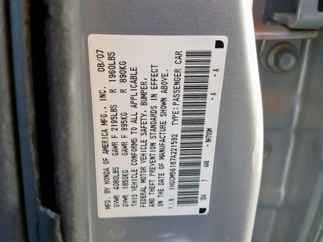 1HGCM56187A221592 - 2007 HONDA ACCORD VAL SILVER photo 10