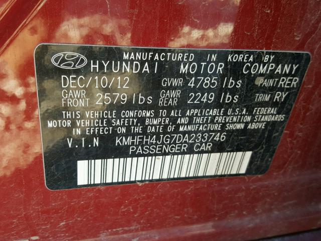 KMHFH4JG7DA233746 - 2013 HYUNDAI AZERA GLS RED photo 10