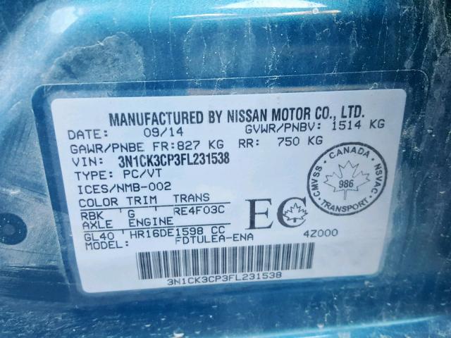 3N1CK3CP3FL231538 - 2015 NISSAN MICRA BLUE photo 10