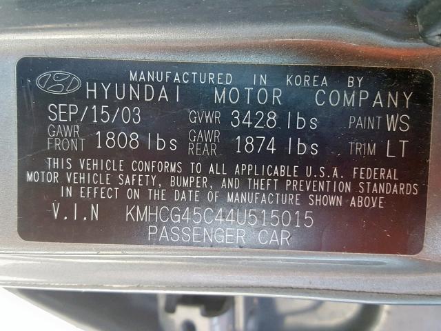 KMHCG45C44U515015 - 2004 HYUNDAI ACCENT GL GRAY photo 10