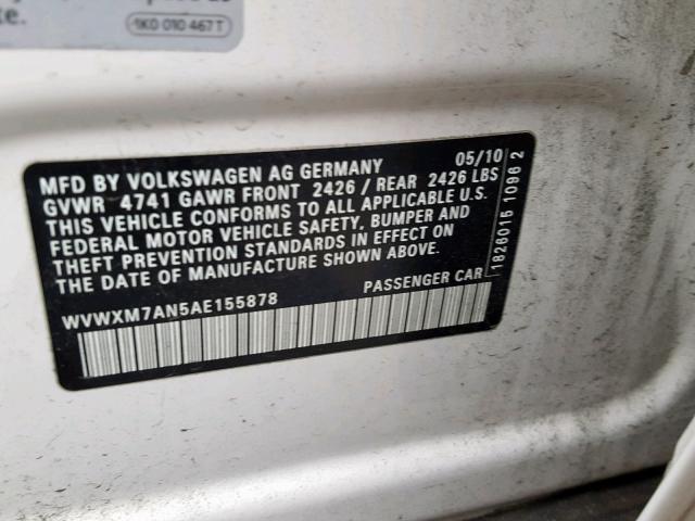 WVWXM7AN5AE155878 - 2010 VOLKSWAGEN PASSAT KOM WHITE photo 10