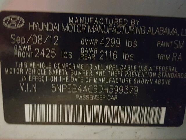 5NPEB4AC6DH599379 - 2013 HYUNDAI SONATA GLS SILVER photo 10