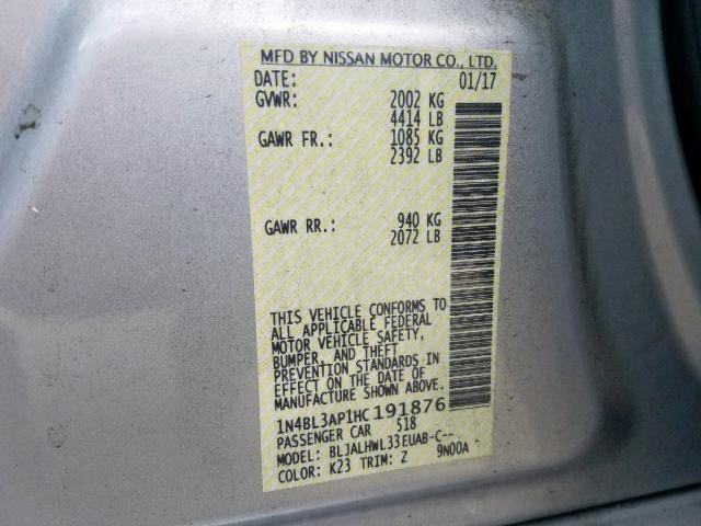 1N4BL3AP1HC191876 - 2017 NISSAN ALTIMA 3.5 SILVER photo 10