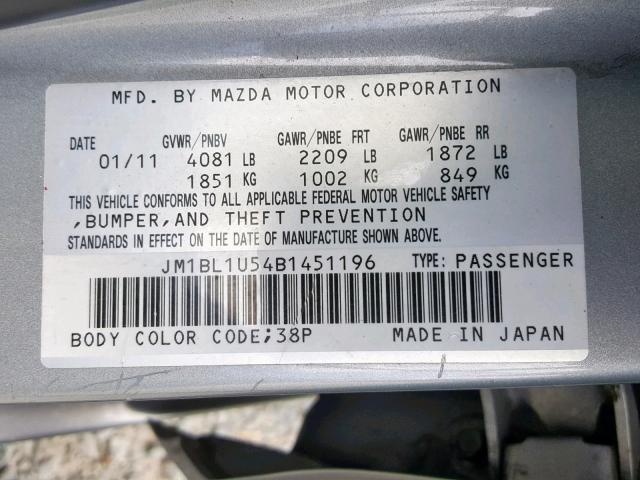 JM1BL1U54B1451196 - 2011 MAZDA 3 S GRAY photo 10