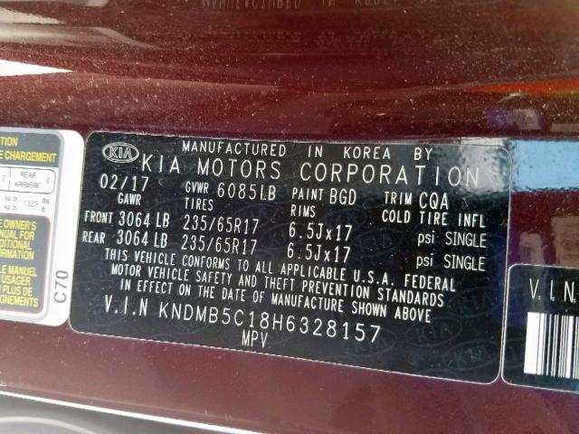 KNDMB5C18H6328157 - 2017 KIA SEDONA LX BURGUNDY photo 10