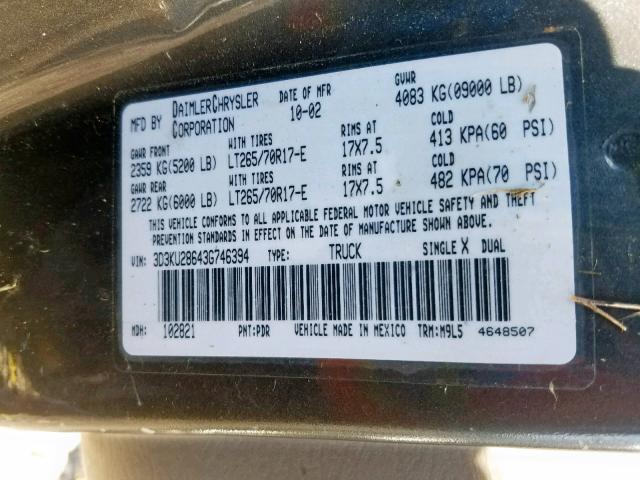 3D3KU28643G746394 - 2003 DODGE RAM 2500 S GRAY photo 10