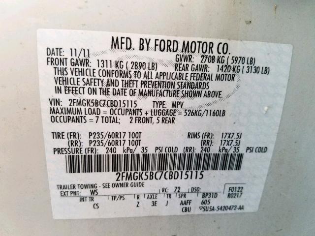 2FMGK5BC7CBD15115 - 2012 FORD FLEX SE WHITE photo 10