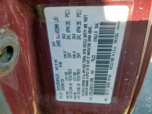 1B7GL22X01S114386 - 2001 DODGE DAKOTA MAROON photo 10