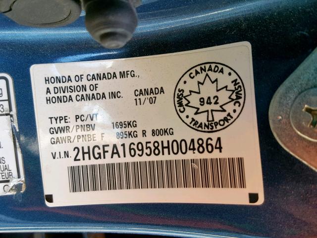 2HGFA16958H004864 - 2008 HONDA CIVIC EXL BLUE photo 10