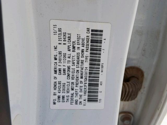 1HGCR3F87GA008734 - 2016 HONDA ACCORD EXL WHITE photo 10