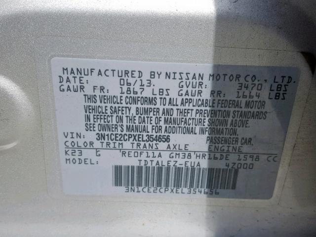 3N1CE2CPXEL354656 - 2014 NISSAN VERSA NOTE SILVER photo 10
