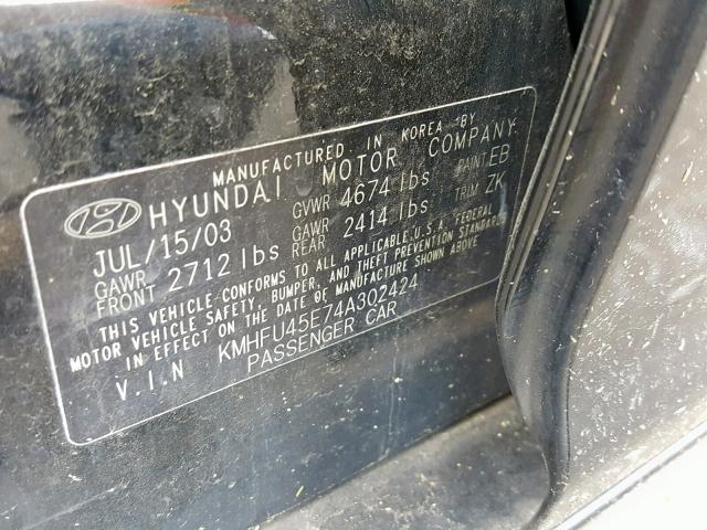 KMHFU45E74A302424 - 2004 HYUNDAI XG 350 BLACK photo 10