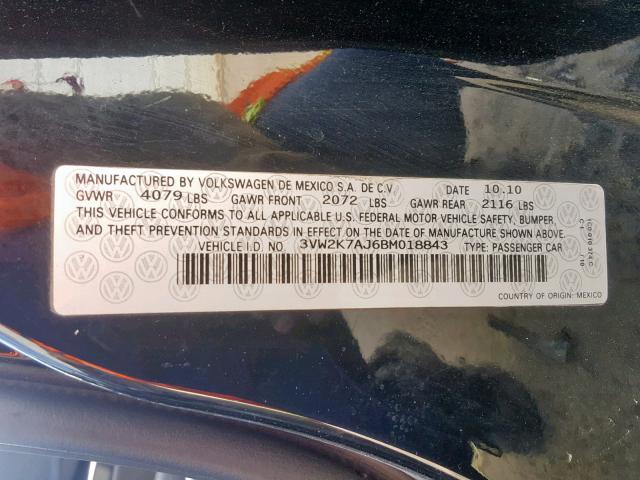 3VW2K7AJ6BM018843 - 2011 VOLKSWAGEN JETTA BASE BLACK photo 10