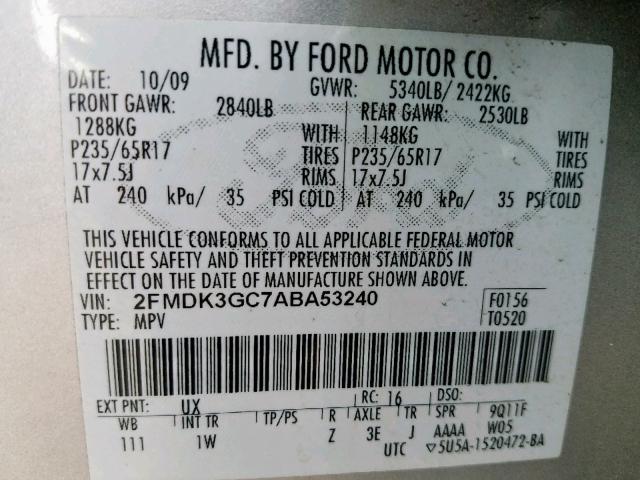 2FMDK3GC7ABA53240 - 2010 FORD EDGE SE SILVER photo 10