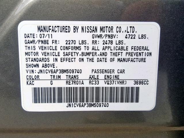 JN1CV6AP3BM509740 - 2011 INFINITI G37 BASE GRAY photo 10