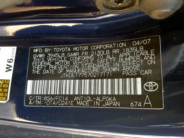 JTKDE177570217171 - 2007 TOYOTA SCION TC ლურჯი ფოტო 10