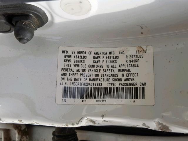 1HGCR3F8XDA018993 - 2013 HONDA ACCORD EXL WHITE photo 10