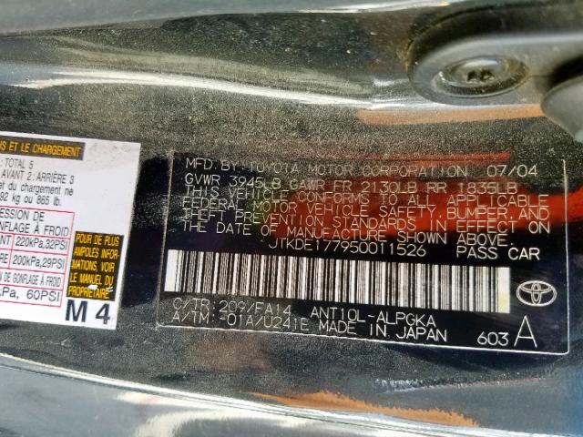 JTKDE177950011526 - 2005 TOYOTA SCION TC შავი ფოტო 10