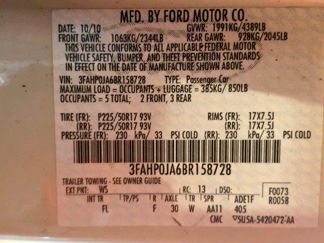 3FAHP0JA6BR158728 - 2011 FORD FUSION SEL WHITE photo 10