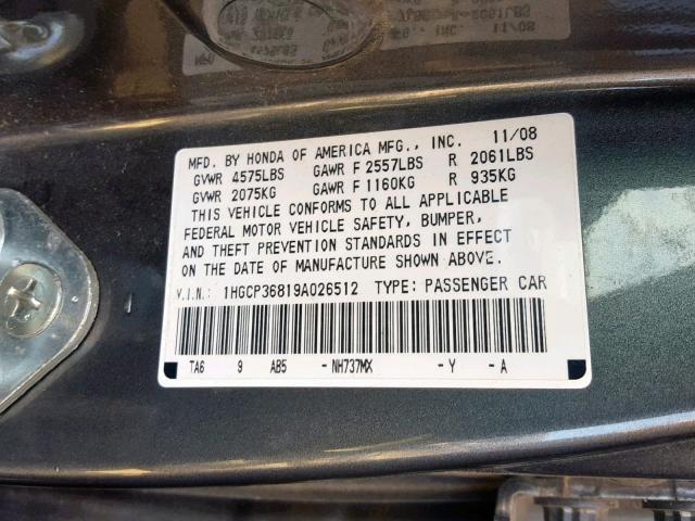 1HGCP36819A026512 - 2009 HONDA ACCORD EXL GRAY photo 10