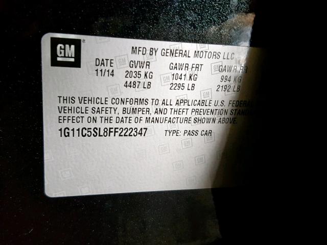 1G11C5SL8FF222347 - 2015 CHEVROLET MALIBU 1LT 黑色 照片 10