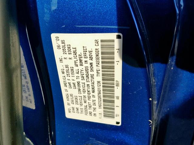 1HGCS22879A011236 - 2009 HONDA ACCORD EXL BLUE photo 10