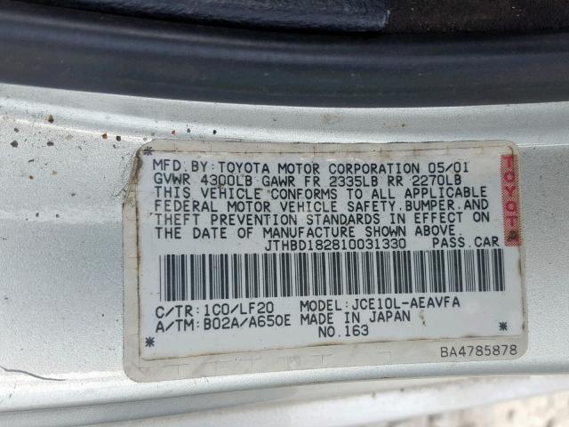 JTHBD182810031330 - 2001 LEXUS IS 300 SILVER photo 10