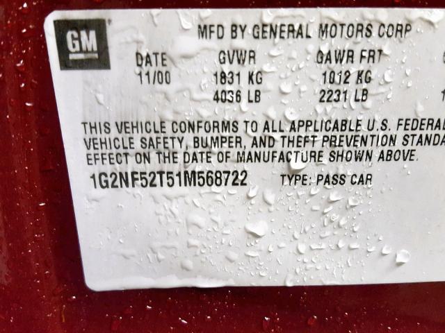 1G2NF52T51M568722 - 2001 PONTIAC GRAND AM S MAROON photo 10