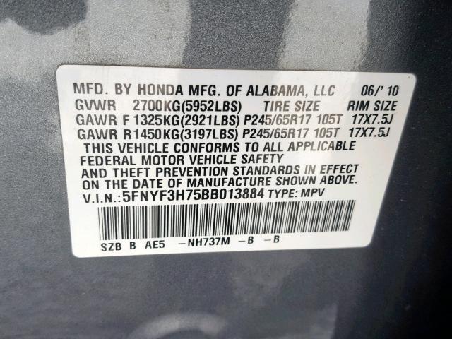 5FNYF3H75BB013884 - 2011 HONDA PILOT EXLN GRAY photo 10