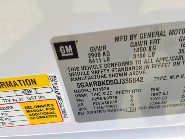 5GAKRBKD5GJ336842 - 2016 BUICK ENCLAVE WHITE photo 10