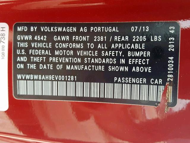 WVWBW8AH9EV001281 - 2014 VOLKSWAGEN EOS KOMFOR RED photo 10